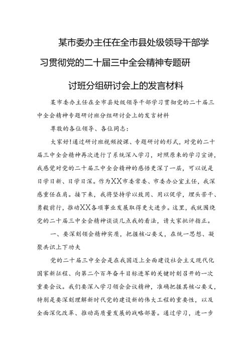 某市委办主任在全市县处级领导干部学习贯彻党的二十三中全会精神专题研讨班分组研讨会上的发言材料 (2).docx