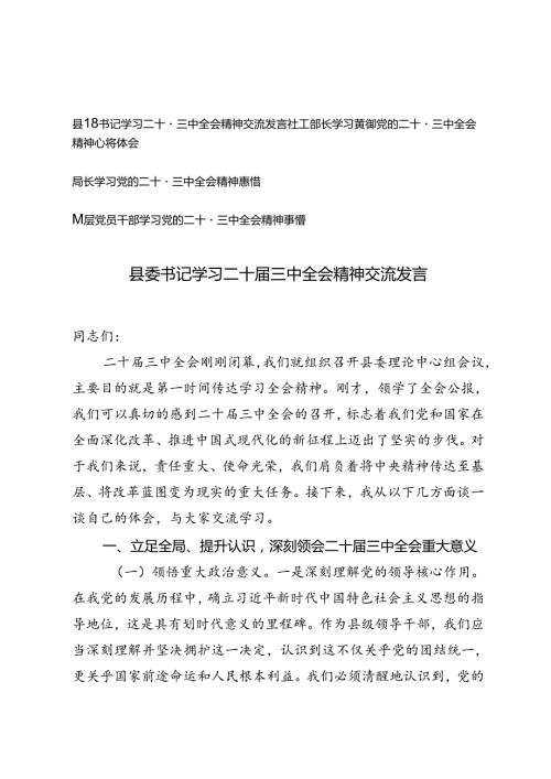 县委书记、社工部长、局长、基层党员干部学习贯彻党的二十三中全会精神心得体会交流发言.docx