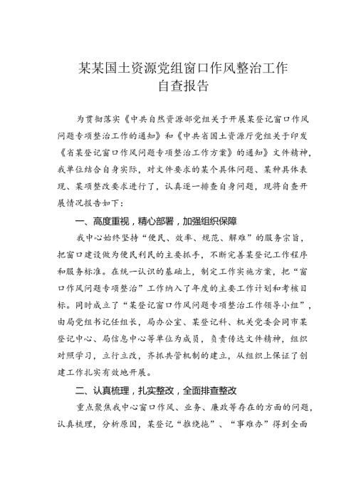 某某国土资源党组窗口作风整治工作自查报告.docx