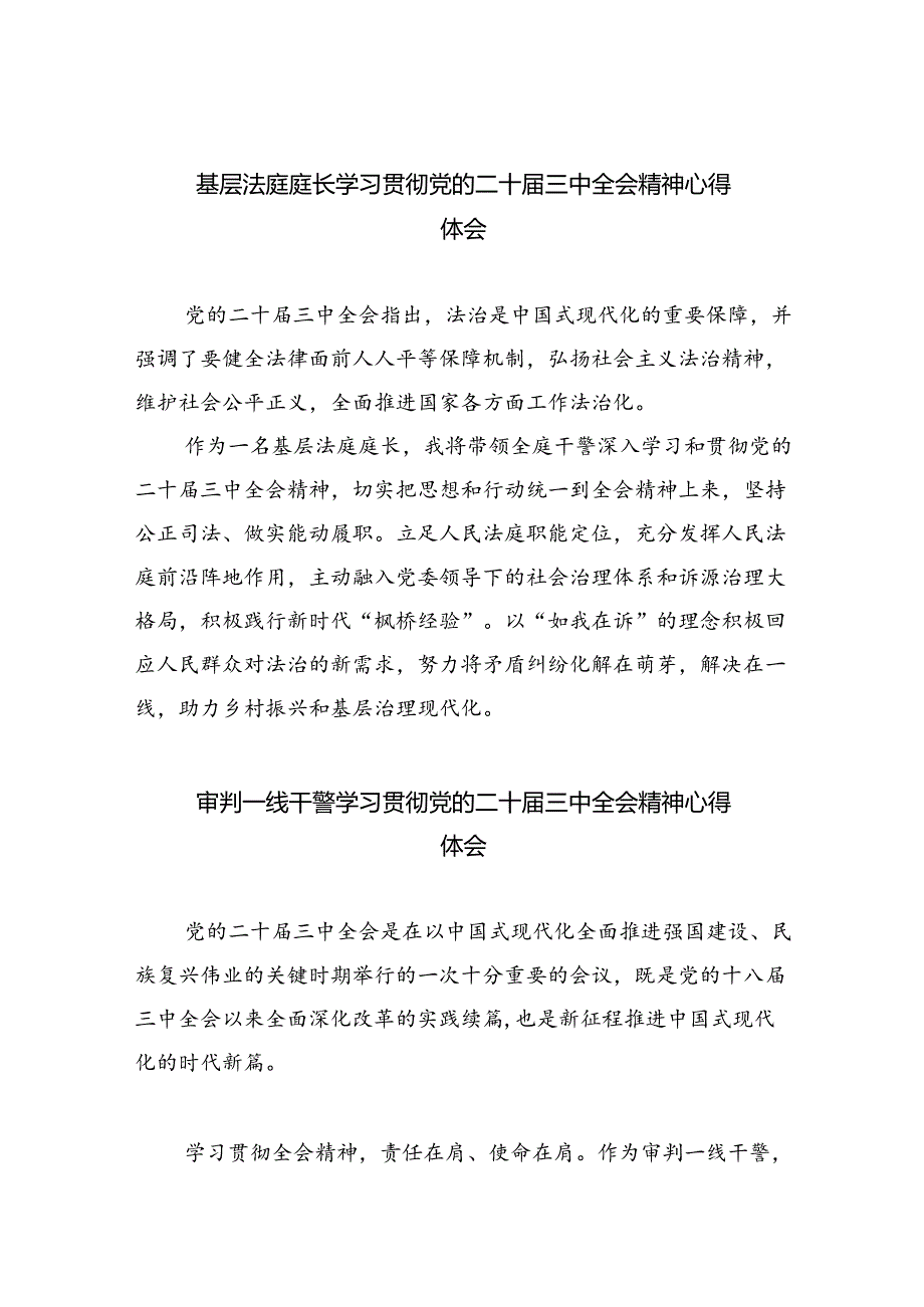 基层法庭庭长学习贯彻党的二十三中全会精神心得体会8篇（最新版）.docx_第1页