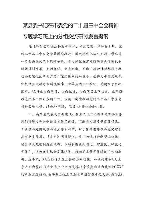 某县委书记在市委党的二十三中全会精神专题学习班上的分组交流研讨发言提纲1.docx