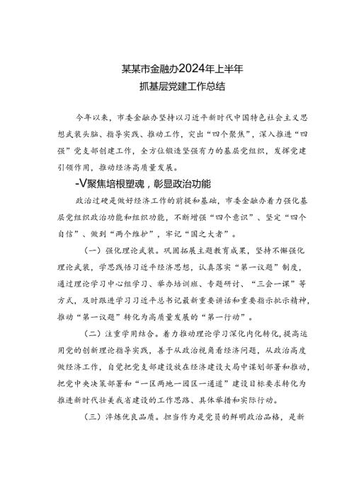 某某市金融办2024年上半年抓基层党建工作总结.docx