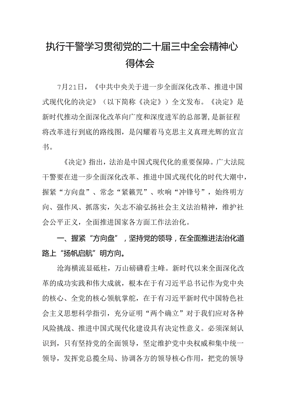执行干警学习贯彻党的二十三中全会精神心得体会(1).docx_第1页