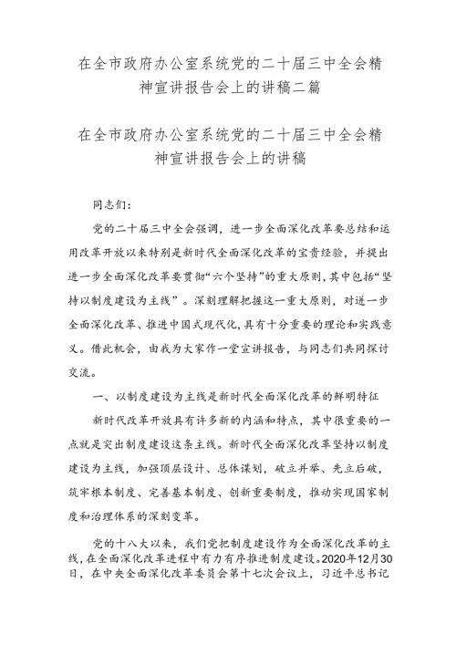 在全市政府办公室系统党的二十三中全会精神宣讲报告会上的讲稿二篇.docx