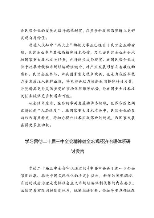学习2024年二十三中全会《决定》让民营企业在科技创新中释放更多活力心得体会、二十三中全会精神健全宏观经济治理体系研讨发言.docx