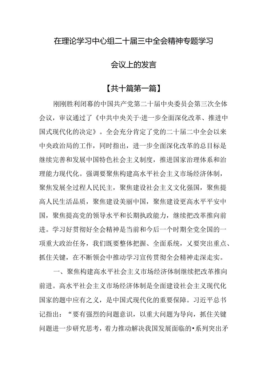 （10篇）在理论学习中心组二十三中全会精神专题学习会议上的发言.docx_第1页