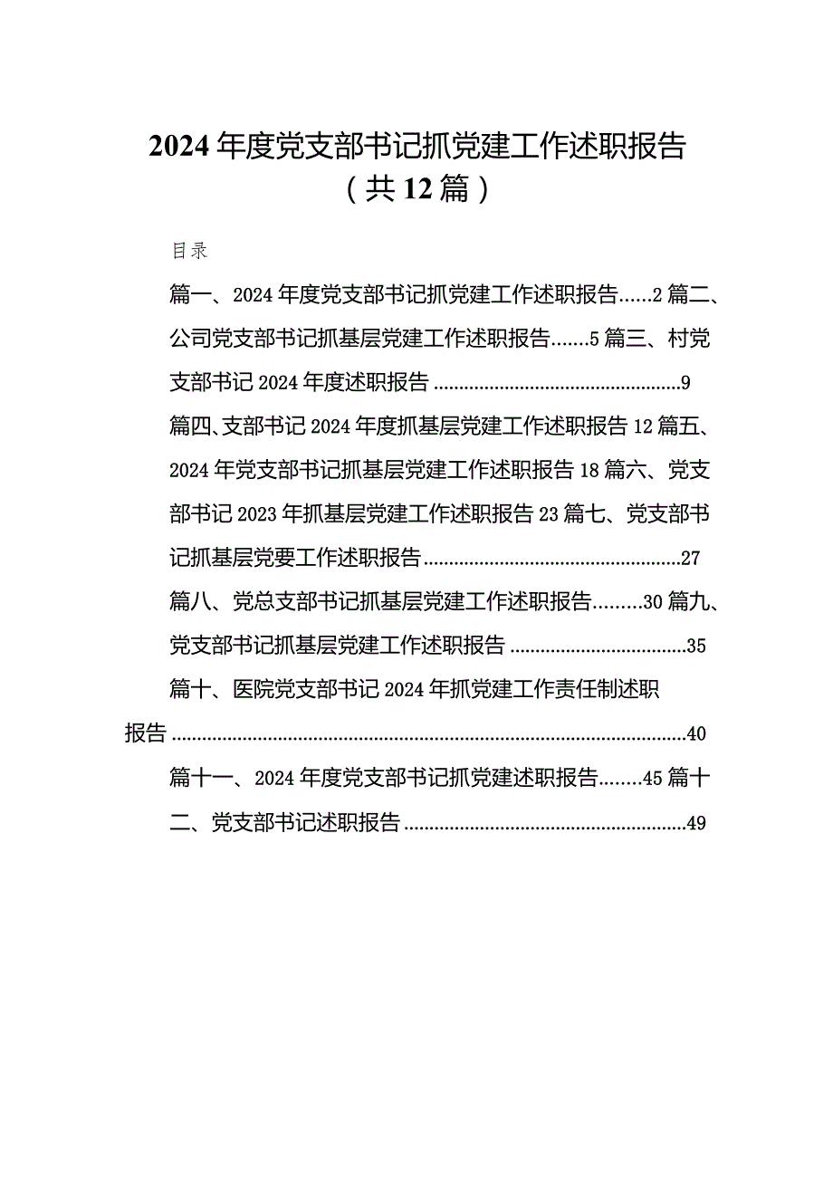 2024党支部书记抓党建工作述职报告12篇（完整版）.docx_第1页