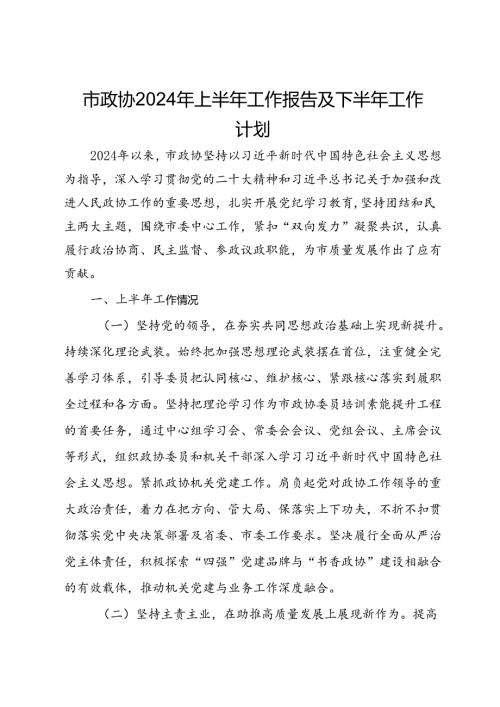 市政协2024年上半年工作报告及下半年工作计划.docx