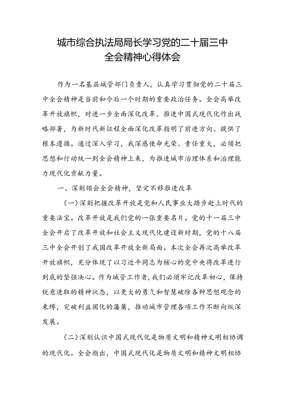 城市综合执法局局长学习党的二十三中全会精神研讨发言心得体会和县综合行政执法局2024年上半年工作总结.docx_第2页