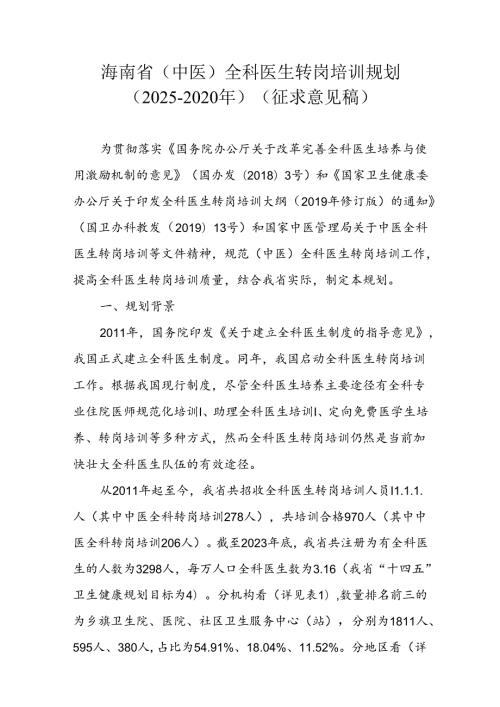 海南省（中医）全科医生转岗培训规划（20252020年）（征.docx