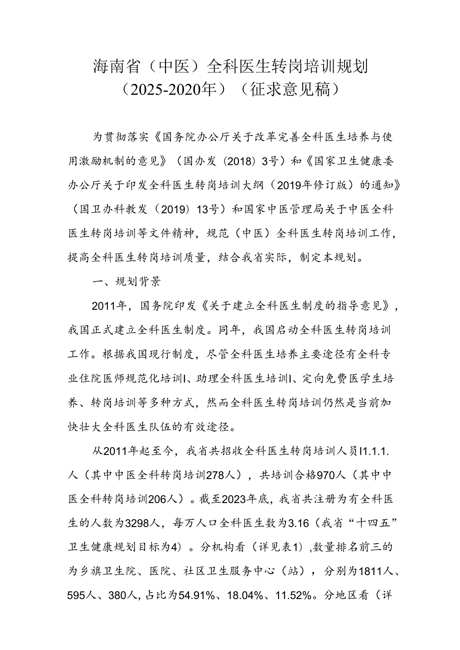 海南省（中医）全科医生转岗培训规划（20252020年）（征.docx_第1页