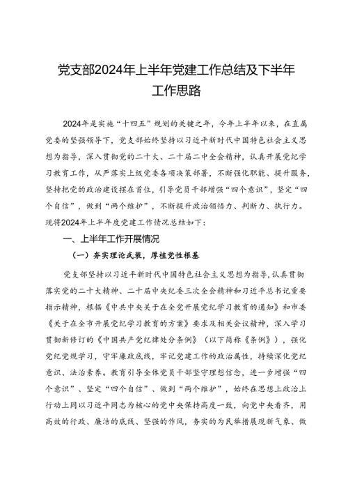 党支部2024年上半年党建工作总结及下半年工作思路.docx