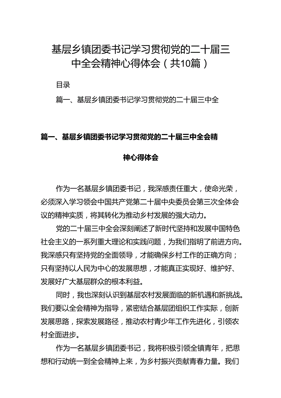 基层乡镇团委书记学习贯彻党的二十三中全会精神心得体会10篇（最新版）.docx_第1页