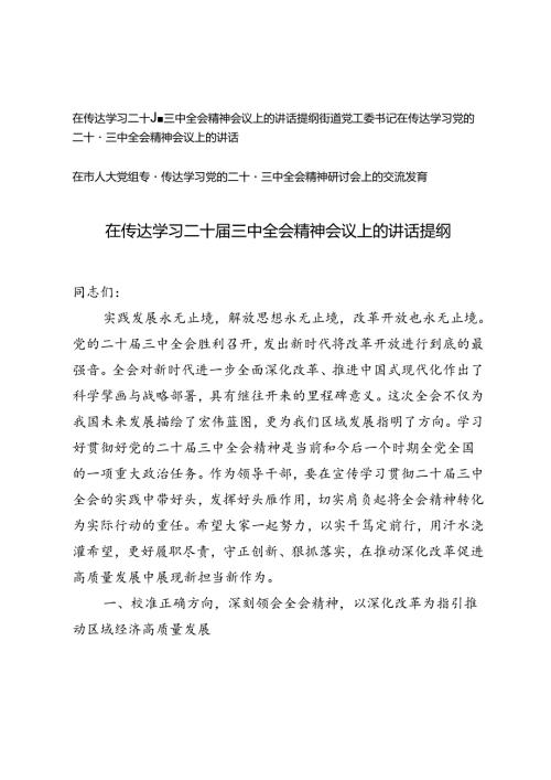 街道党工委书记、人大党组专题在传达学习二十三中全会精神会议上的讲话提纲.docx