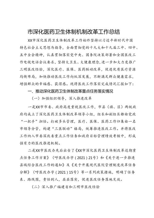 市深化医药卫生体制机制改革工作总结.docx