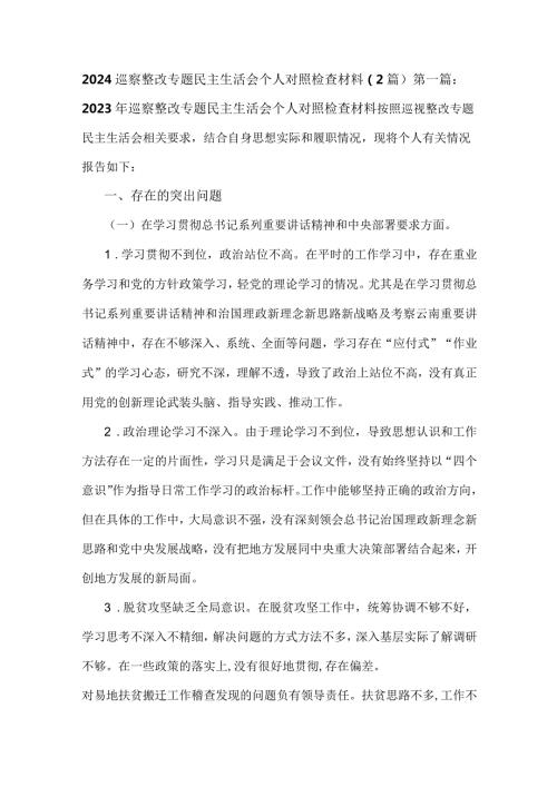2024巡察整改专题民主生活会个人对照检查材料（2篇）.docx