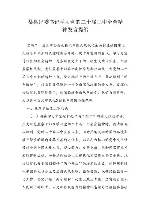 某县纪委书记学习党的二十三中全会精神发言提纲(1).docx