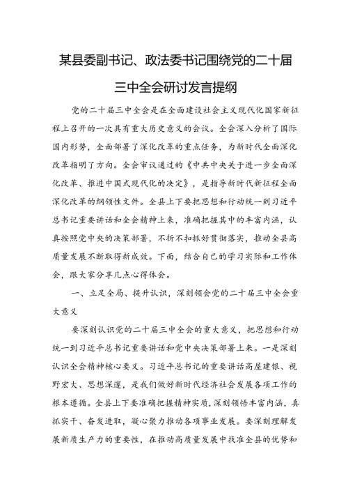 某县委副书记、政法委书记围绕党的二十三中全会研讨发言提纲.docx