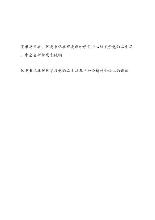 市委常委、区委书记在市委理论学习中心组关于党的二十三中全会研讨发言提纲和区委书记在传达学习党的二十三中全会精神会议上的讲话.docx