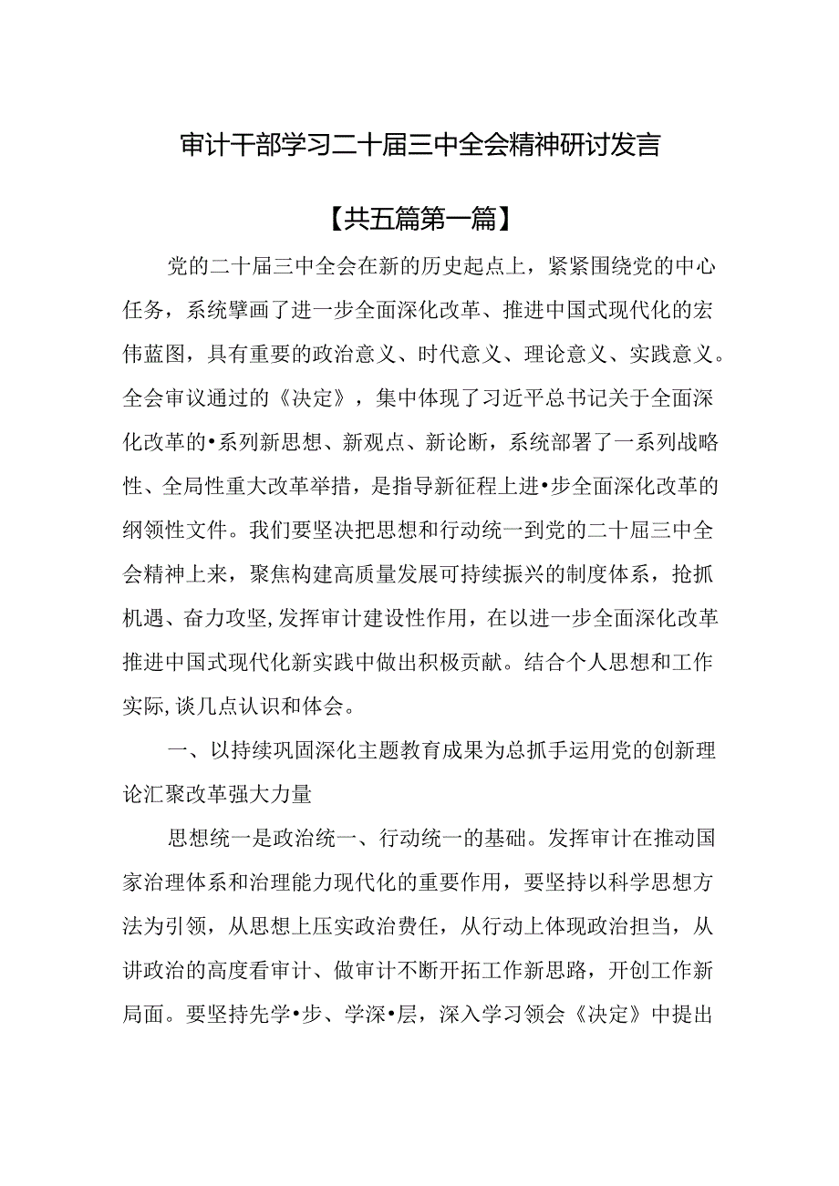 （5篇）审计干部学习二十三中全会精神研讨发言.docx_第1页