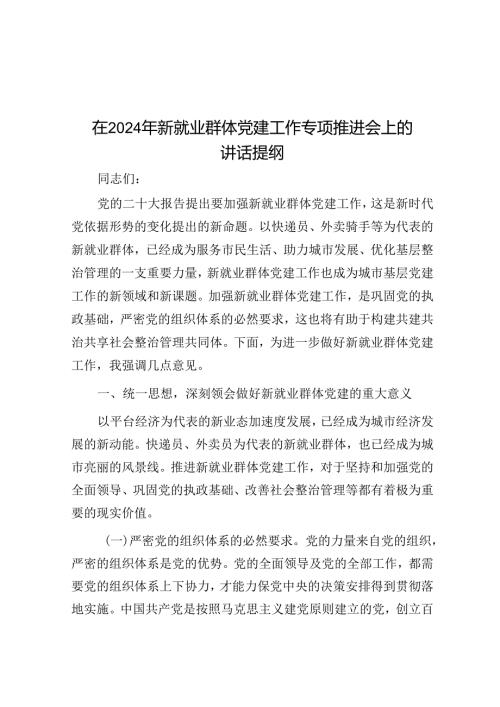 在2024年新就业群体党建工作专题推进会上的讲话提纲(2).docx