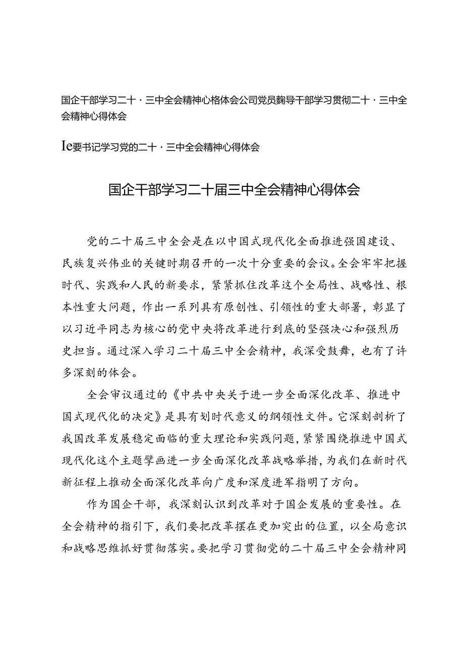 国企干部、公司党员、纪委书记学习二十三中全会精神心得体会.docx_第1页