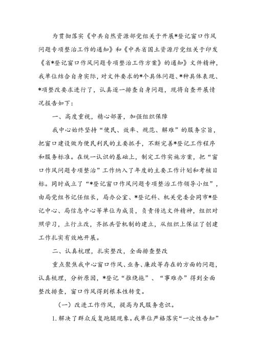 国土资源党组窗口作风整治工作自查报告(1).docx
