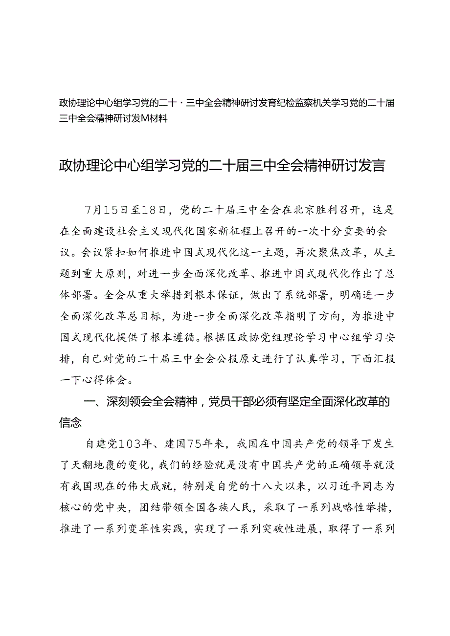 纪检监察机关、政协理论中心组学习党的二十三中全会精神研讨发言材料.docx_第1页