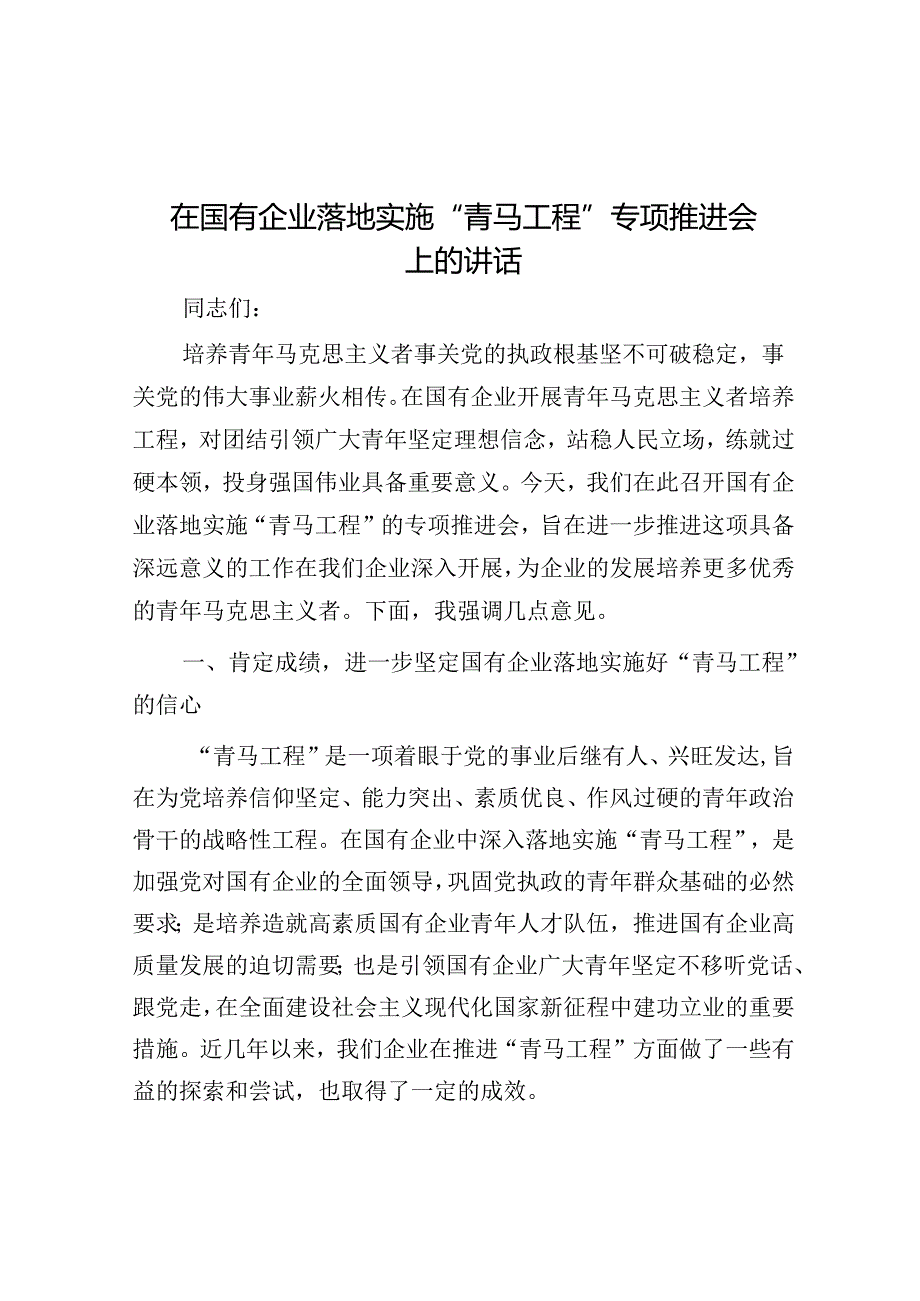 在国有企业实施“青马工程”专题推进会上的讲话(1).docx_第1页