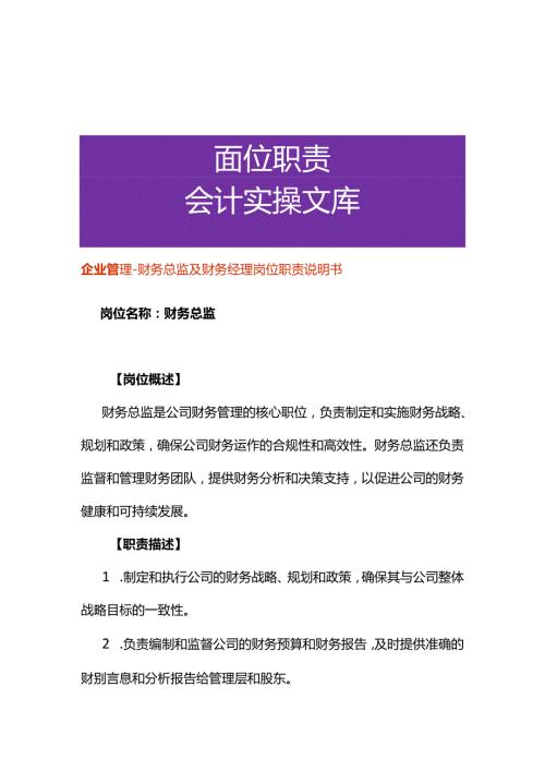 企业管理财务总监及财务经理岗位职责说明书.docx
