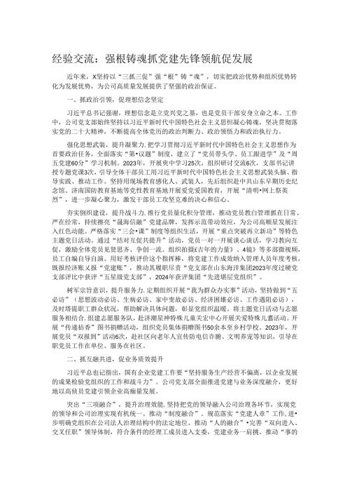 经验交流：强根铸魂抓党建 先锋领航促发展.docx
