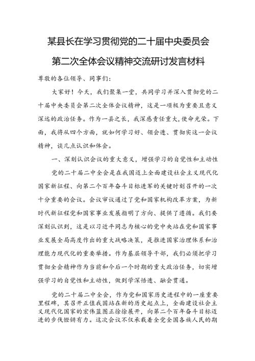 某县长在学习贯彻党的二十中央委员会第二次全体会议精神交流研讨发言材料.docx