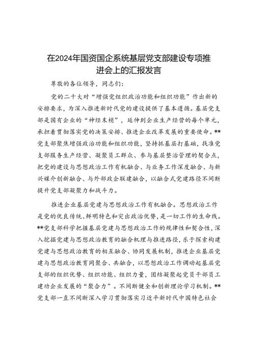 在2024年国资国企系统基层党支部建设专题推进会上的汇报发言(1).docx