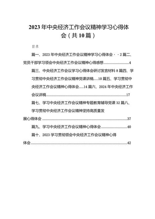 2023年中央经济工作会议精神学习心得体会10篇（最新版）.docx