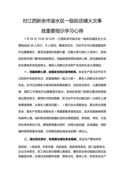 对江西新余市渝水区一临街店铺火灾事故重要指示学习心得.docx
