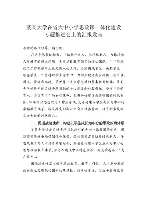 某某大学在省大中小学思政课一体化建设专题推进会上的汇报发言.docx