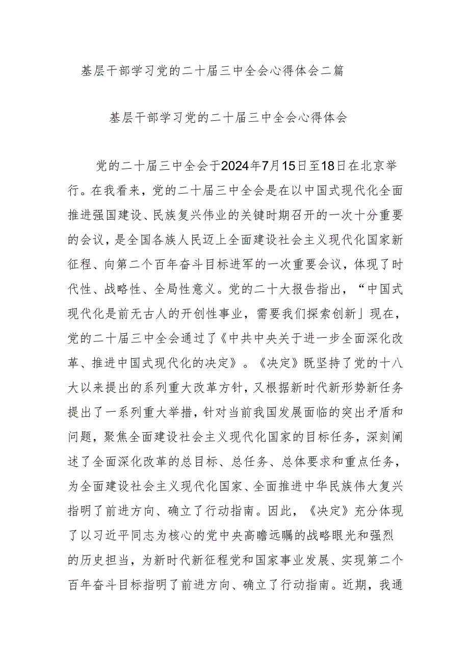 基层干部学习党的二十三中全会心得体会二篇.docx_第1页