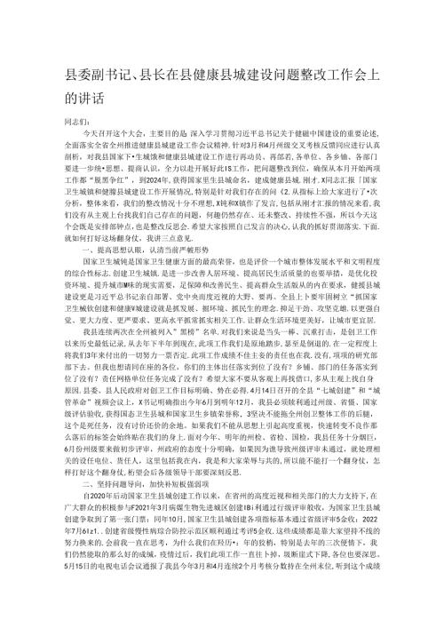 县委副书记、县长在县健康县城建设问题整改工作会上的讲话.docx