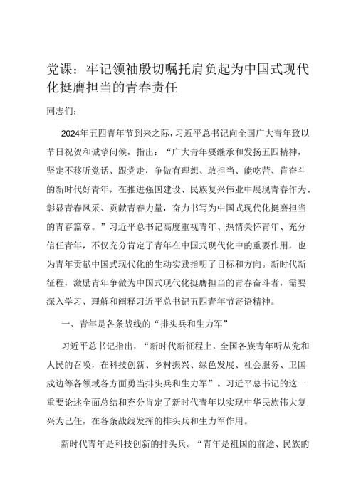 党课：牢记领袖殷切嘱托 肩负起为中国式现代化挺膺担当的青责任.docx