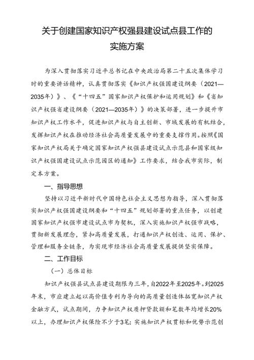 关于创建国家知识产权强县建设试点县工作的实施方案.docx