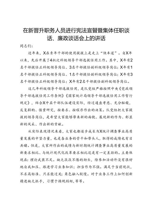 在新晋升职务人员进行宪法宣誓暨集体任职谈话、廉政谈话会上的讲话.docx