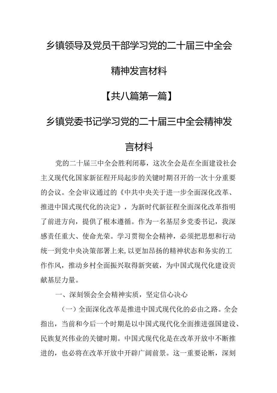 （8篇）乡镇领导及党员干部学习党的二十三中全会精神发言材料.docx_第1页