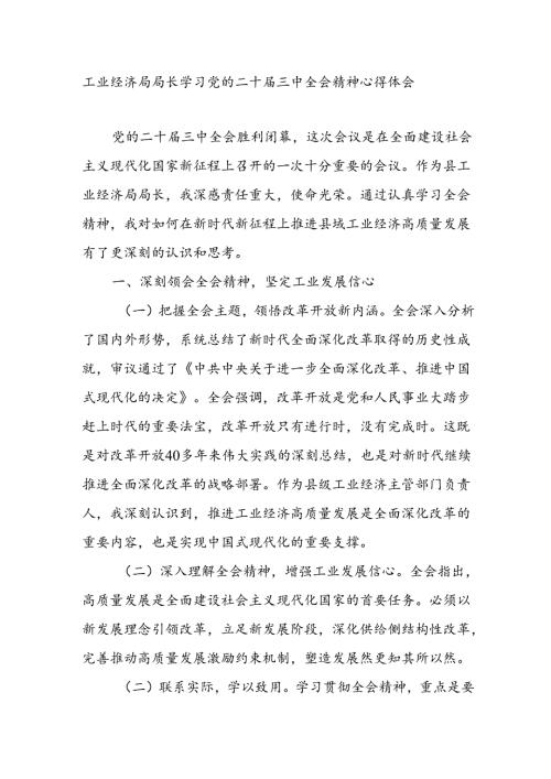 工业经济局局长学习党的二十三中全会精神心得体会研讨发言交流材料.docx