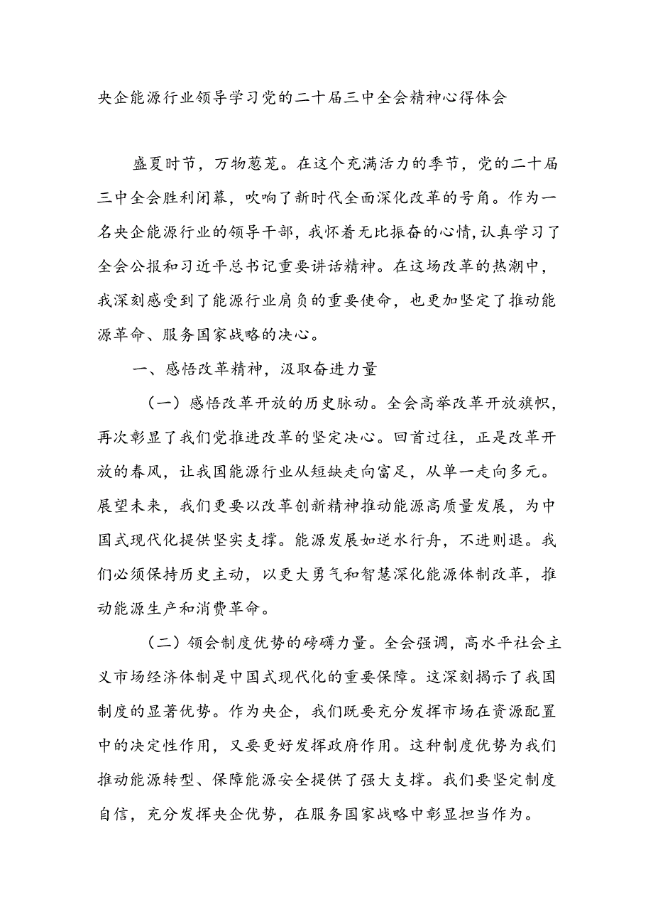 央企国企能源行业领导学习党的二十三中全会精神研讨发言心得体会.docx_第1页