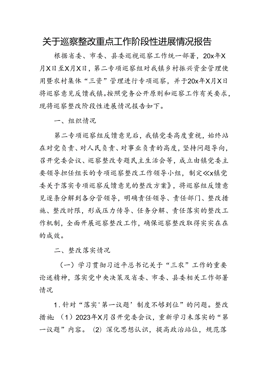巡察整改重点工作阶段性进展情况总结报告（调研报告）.docx_第1页