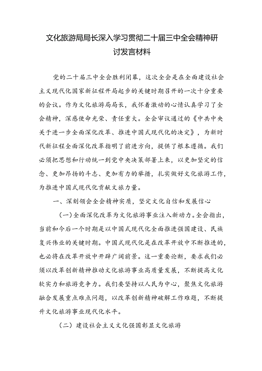 文化旅游局局长深入学习贯彻二十三中全会精神心得体会研讨交流发言材料.docx_第1页