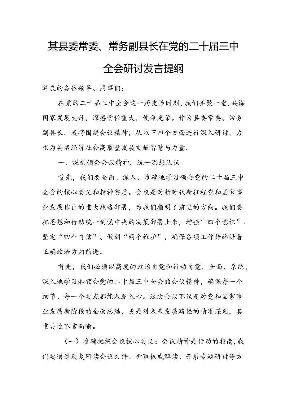 某县委常委、常务副县长在党的二十三中全会研讨发言提纲.docx_第1页
