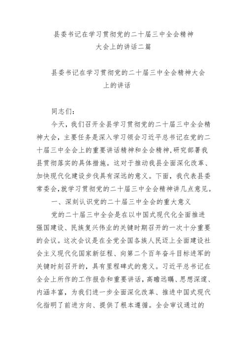 县委书记在学习贯彻党的二十三中全会精神大会上的讲话二篇.docx
