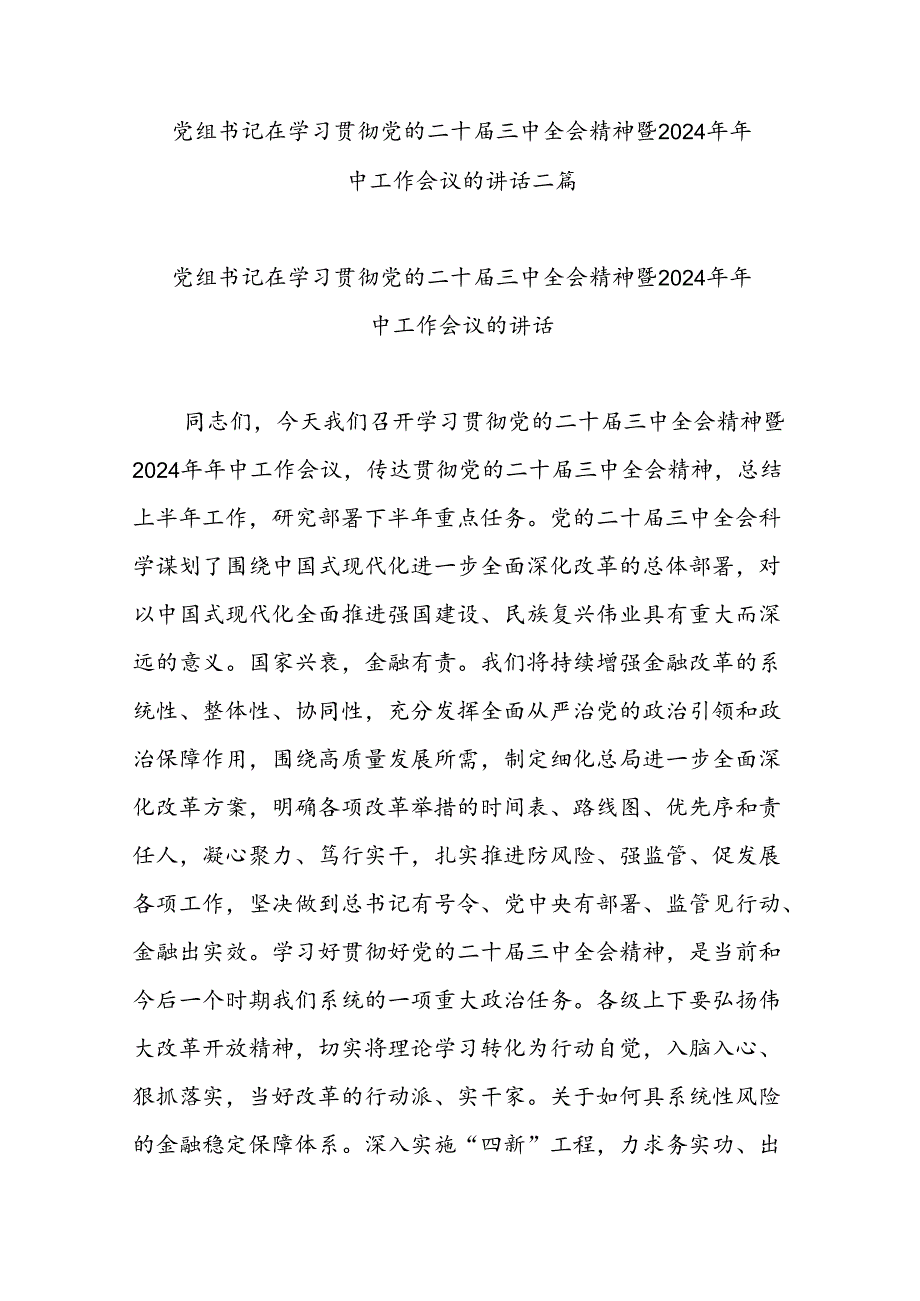 党组书记在学习贯彻党的二十三中全会精神暨2024年年中工作会议的讲话二篇.docx_第1页