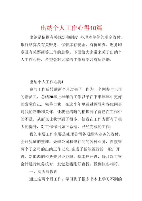 出纳个人工作心得10篇.docx